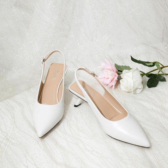 Mostrin Kitten Heel White Faux Leather Low Slingback Heels with Buckle - Picture 4 of 9